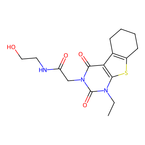 2-(1-ethyl-2,4-dioxo-1,2,5,6,7,8-hexahydrobenzo[4,5]thieno[2,3-d]pyrimidin-3(4H)-yl)-N-(2-hydroxyethyl)acetamide structure