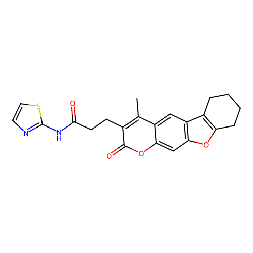 3-(4-methyl-2-oxo-6,7,8,9-tetrahydro-2H-benzofuro[3,2-g]chromen-3-yl)-N-(thiazol-2-yl)propanamide structure