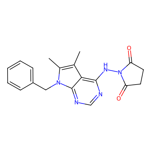 1-((7-benzyl-5,6-dimethyl-7H-pyrrolo[2,3-d]pyrimidin-4-yl)amino)pyrrolidine-2,5-dione structure