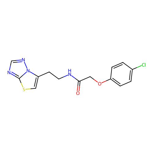 2-(4-chlorophenoxy)-N-[2-([1,3]thiazolo[3,2-b][1,2,4]triazol-6-yl)ethyl]acetamide structure