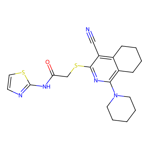 2-((4-cyano-1-(piperidin-1-yl)-5,6,7,8-tetrahydroisoquinolin-3-yl)thio)-N-(thiazol-2-yl)acetamide structure
