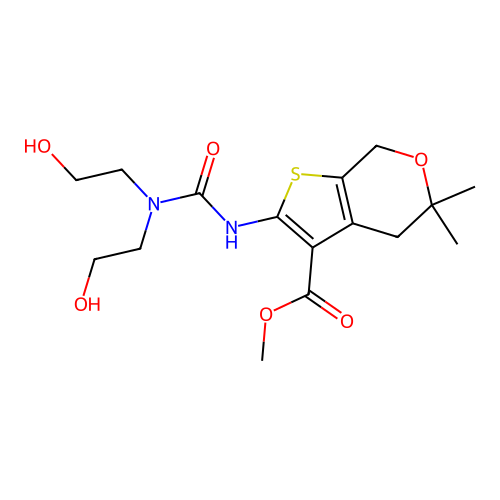 methyl 2-(3,3-bis(2-hydroxyethyl)ureido)-5,5-dimethyl-5,7-dihydro-4H-thieno[2,3-c]pyran-3-carboxylate structure