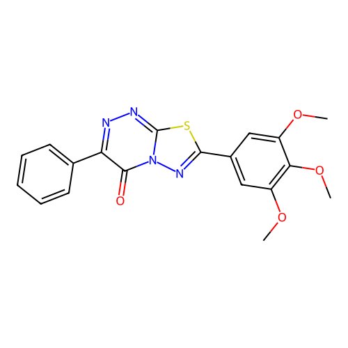 3-phenyl-7-(3,4,5-trimethoxyphenyl)-4H-[1,3,4]thiadiazolo[2,3-c][1,2,4]triazin-4-one structure