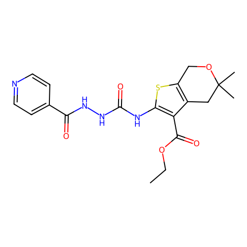 ethyl 2-(2-isonicotinoylhydrazinecarboxamido)-5,5-dimethyl-5,7-dihydro-4H-thieno[2,3-c]pyran-3-carboxylate structure