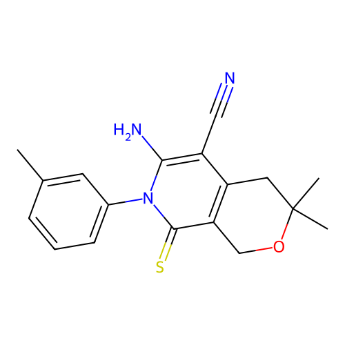 6-amino-3,3-dimethyl-8-thioxo-7-(m-tolyl)-3,4,7,8-tetrahydro-1H-pyrano[3,4-c]pyridine-5-carbonitrile structure