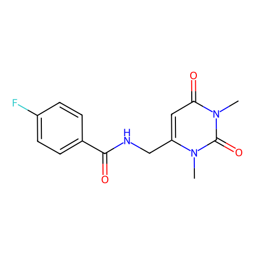 N-((1,3-dimethyl-2,6-dioxo-1,2,3,6-tetrahydropyrimidin-4-yl)methyl)-4-fluorobenzamide structure