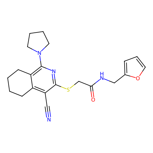 2-((4-cyano-1-(pyrrolidin-1-yl)-5,6,7,8-tetrahydroisoquinolin-3-yl)thio)-N-(furan-2-ylmethyl)acetamide structure