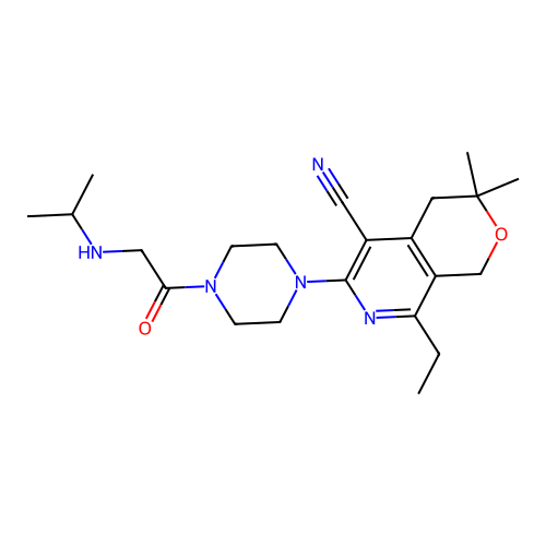 8-ethyl-3,3-dimethyl-6-[4-[2-(propan-2-ylamino)acetyl]piperazin-1-yl]-1,4-dihydropyrano[3,4-c]pyridine-5-carbonitrile structure