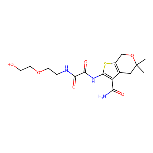 N'-(3-carbamoyl-5,5-dimethyl-4,7-dihydrothieno[2,3-c]pyran-2-yl)-N-[2-(2-hydroxyethoxy)ethyl]oxamide structure