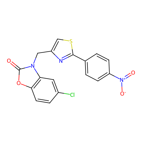 5-chloro-3-{[2-(4-nitrophenyl)-1,3-thiazol-4-yl]methyl}-1,3-benzoxazol-2(3H)-one structure