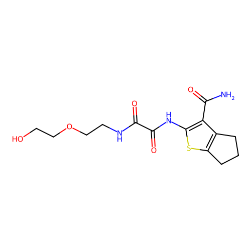 N'-(3-carbamoyl-5,6-dihydro-4H-cyclopenta[b]thiophen-2-yl)-N-[2-(2-hydroxyethoxy)ethyl]oxamide structure