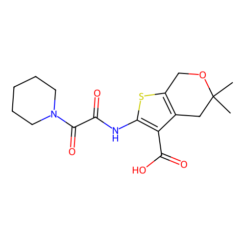 5,5-dimethyl-2-[(2-oxo-2-piperidin-1-ylacetyl)amino]-4,7-dihydrothieno[2,3-c]pyran-3-carboxylic acid structure