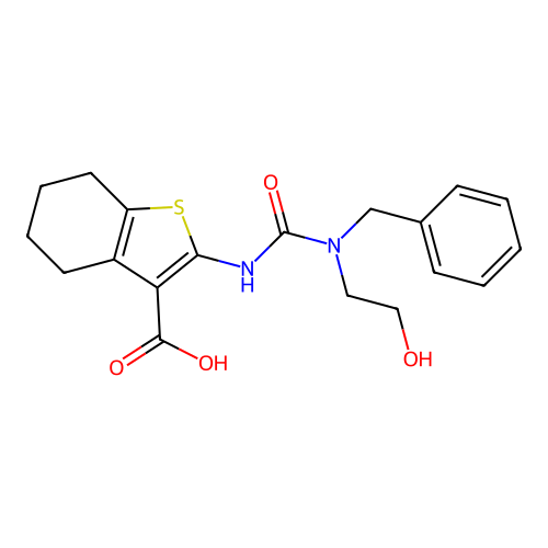 2-[[benzyl(2-hydroxyethyl)carbamoyl]amino]-4,5,6,7-tetrahydro-1-benzothiophene-3-carboxylic acid structure