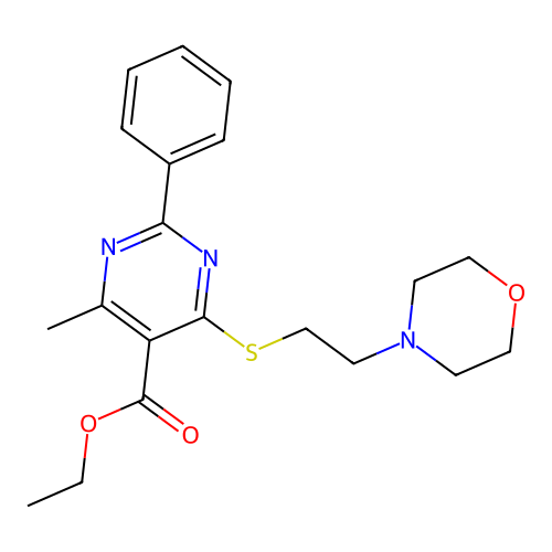 ethyl 4-methyl-6-((2-morpholinoethyl)thio)-2-phenylpyrimidine-5-carboxylate structure