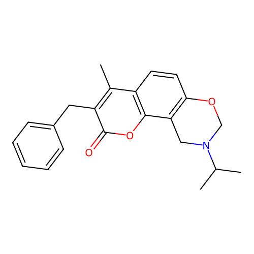 3-benzyl-9-isopropyl-4-methyl-9,10-dihydrochromeno[8,7-e][1,3]oxazin-2(8H)-one structure