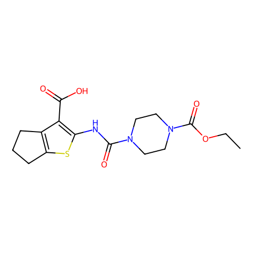2-[(4-ethoxycarbonylpiperazine-1-carbonyl)amino]-5,6-dihydro-4H-cyclopenta[b]thiophene-3-carboxylic acid structure
