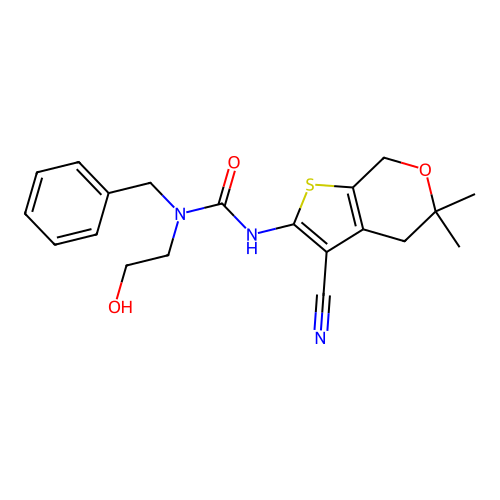 1-benzyl-3-(3-cyano-5,5-dimethyl-4,7-dihydrothieno[2,3-c]pyran-2-yl)-1-(2-hydroxyethyl)urea structure