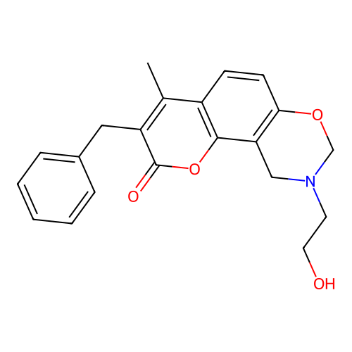 3-benzyl-9-(2-hydroxyethyl)-4-methyl-9,10-dihydrochromeno[8,7-e][1,3]oxazin-2(8H)-one structure
