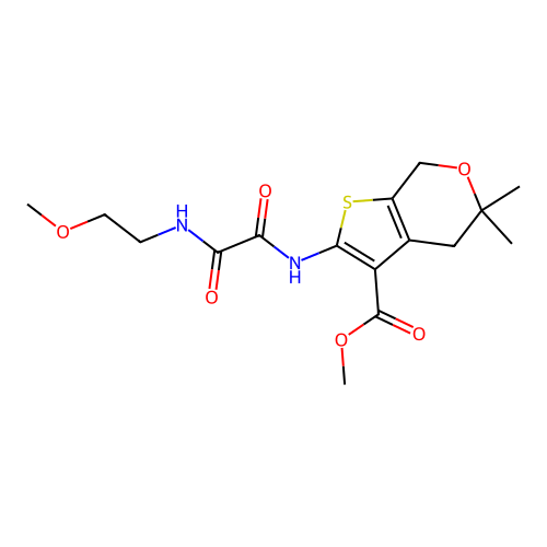 methyl 2-({[(2-methoxyethyl)amino](oxo)acetyl}amino)-5,5-dimethyl-4,7-dihydro-5H-thieno[2,3-c]pyran-3-carboxylate structure