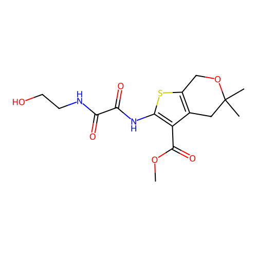 methyl 2-({[(2-hydroxyethyl)amino](oxo)acetyl}amino)-5,5-dimethyl-4,7-dihydro-5H-thieno[2,3-c]pyran-3-carboxylate structure