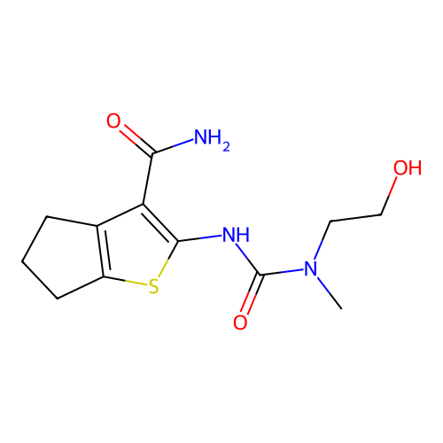 2-(3-(2-hydroxyethyl)-3-methylureido)-5,6-dihydro-4H-cyclopenta[b]thiophene-3-carboxamide structure