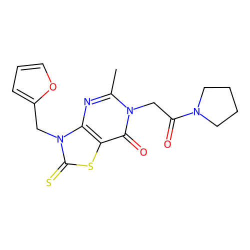 3-(furan-2-ylmethyl)-5-methyl-6-(2-oxo-2-(pyrrolidin-1-yl)ethyl)-2-thioxo-2,3-dihydrothiazolo[4,5-d]pyrimidin-7(6H)-one structure