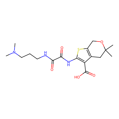2-(2-((3-(dimethylamino)propyl)amino)-2-oxoacetamido)-5,5-dimethyl-5,7-dihydro-4H-thieno[2,3-c]pyran-3-carboxylic acid structure