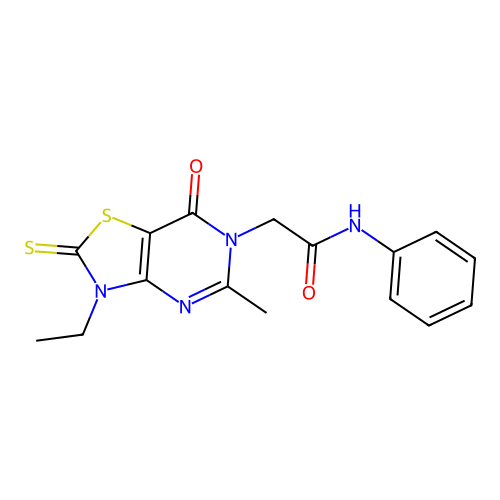 2-(3-ethyl-5-methyl-7-oxo-2-thioxo-2,3-dihydrothiazolo[4,5-d]pyrimidin-6(7H)-yl)-N-phenylacetamide structure