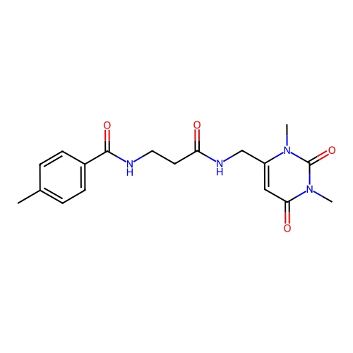 N-(3-(((1,3-dimethyl-2,6-dioxo-1,2,3,6-tetrahydropyrimidin-4-yl)methyl)amino)-3-oxopropyl)-4-methylbenzamide structure