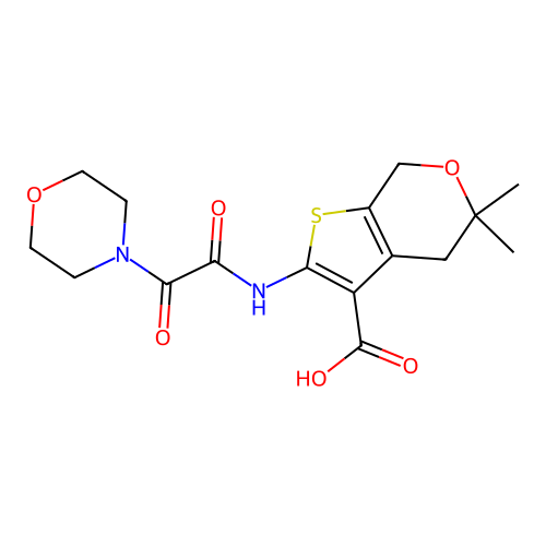 5,5-dimethyl-2-(2-morpholino-2-oxoacetamido)-5,7-dihydro-4H-thieno[2,3-c]pyran-3-carboxylic acid structure