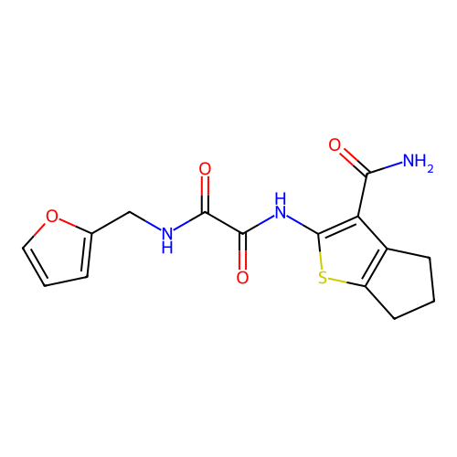 N'-(3-carbamoyl-5,6-dihydro-4H-cyclopenta[b]thiophen-2-yl)-N-(furan-2-ylmethyl)oxamide structure