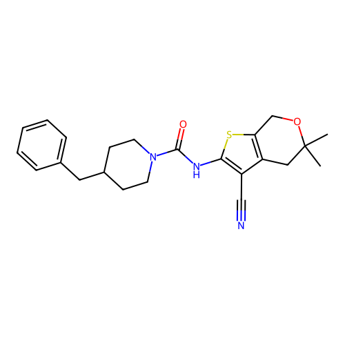 4-benzyl-N-(3-cyano-5,5-dimethyl-4,7-dihydro-5H-thieno[2,3-c]pyran-2-yl)piperidine-1-carboxamide structure