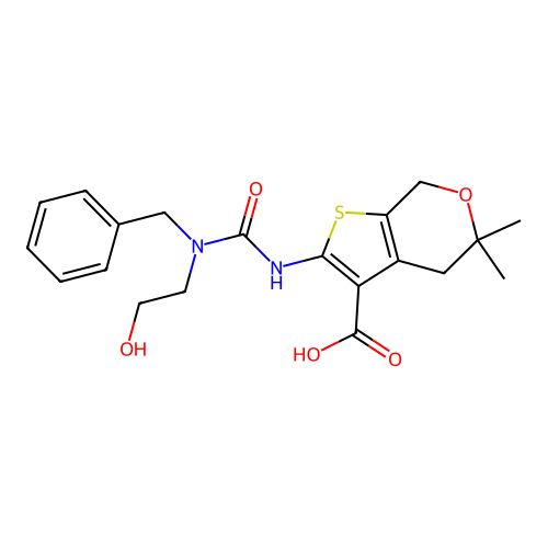 2-(3-benzyl-3-(2-hydroxyethyl)ureido)-5,5-dimethyl-5,7-dihydro-4H-thieno[2,3-c]pyran-3-carboxylic acid structure