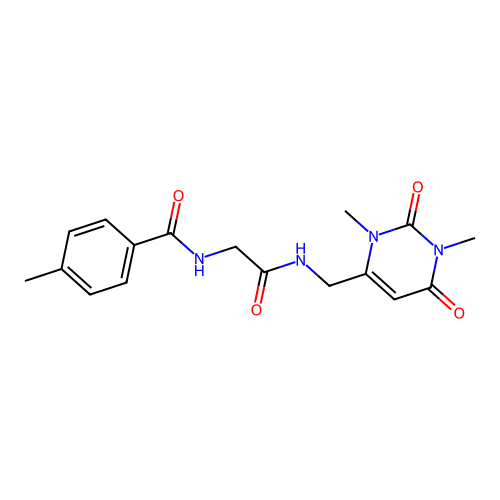 N-(2-(((1,3-dimethyl-2,6-dioxo-1,2,3,6-tetrahydropyrimidin-4-yl)methyl)amino)-2-oxoethyl)-4-methylbenzamide structure