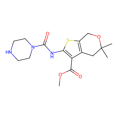methyl 5,5-dimethyl-2-(piperazine-1-carbonylamino)-4,7-dihydrothieno[2,3-c]pyran-3-carboxylate structure