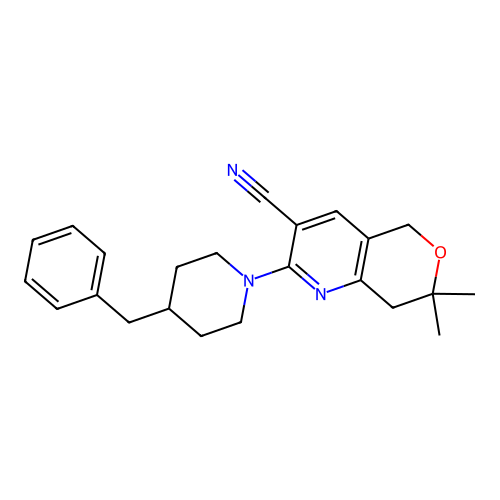 2-(4-benzylpiperidin-1-yl)-7,7-dimethyl-7,8-dihydro-5H-pyrano[4,3-b]pyridine-3-carbonitrile structure