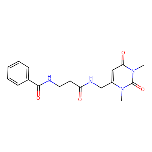 N-(3-(((1,3-dimethyl-2,6-dioxo-1,2,3,6-tetrahydropyrimidin-4-yl)methyl)amino)-3-oxopropyl)benzamide structure