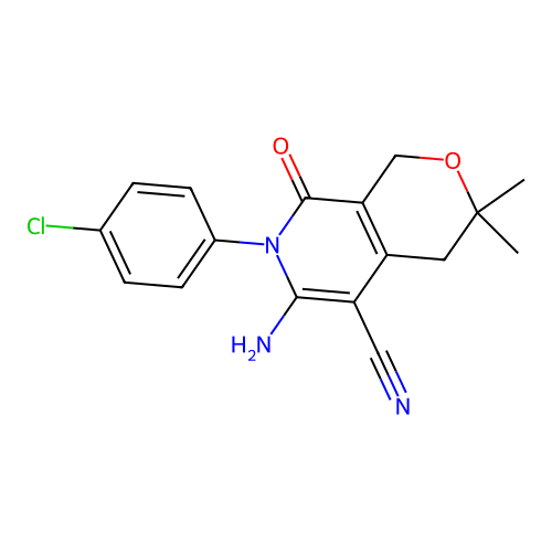 6-amino-7-(4-chlorophenyl)-3,3-dimethyl-8-oxo-3,4,7,8-tetrahydro-1H-pyrano[3,4-c]pyridine-5-carbonitrile structure