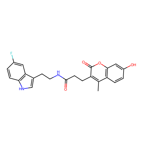 N-(2-(5-fluoro-1H-indol-3-yl)ethyl)-3-(7-hydroxy-4-methyl-2-oxo-2H-chromen-3-yl)propanamide structure