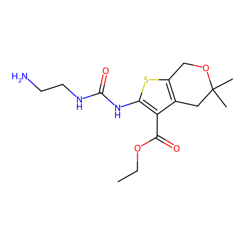 ethyl 2-(2-aminoethylcarbamoylamino)-5,5-dimethyl-4,7-dihydrothieno[2,3-c]pyran-3-carboxylate structure