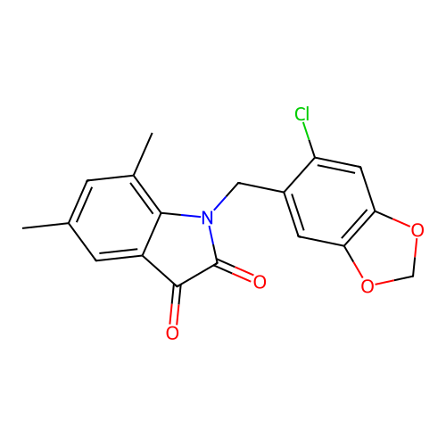 1-[(6-chloro-1,3-benzodioxol-5-yl)methyl]-5,7-dimethyl-1H-indole-2,3-dione structure