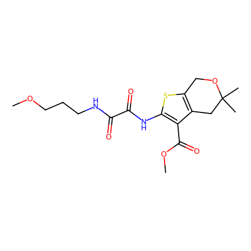 methyl 2-({[(3-methoxypropyl)amino](oxo)acetyl}amino)-5,5-dimethyl-4,7-dihydro-5H-thieno[2,3-c]pyran-3-carboxylate structure
