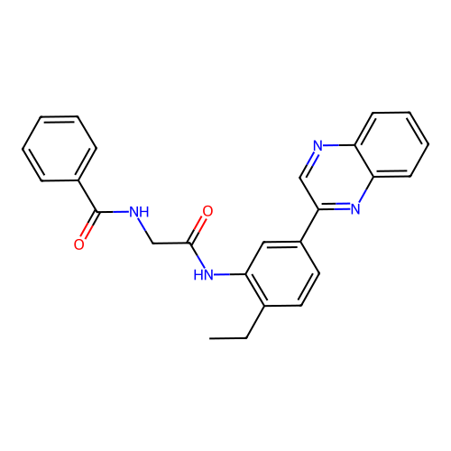 N-(2-((2-ethyl-5-(quinoxalin-2-yl)phenyl)amino)-2-oxoethyl)benzamide structure