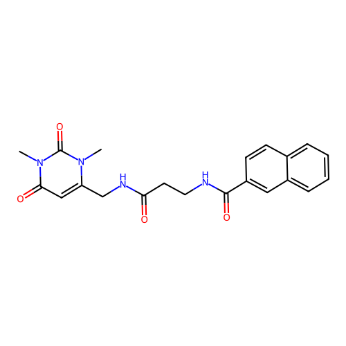N-(3-(((1,3-dimethyl-2,6-dioxo-1,2,3,6-tetrahydropyrimidin-4-yl)methyl)amino)-3-oxopropyl)-2-naphthamide structure