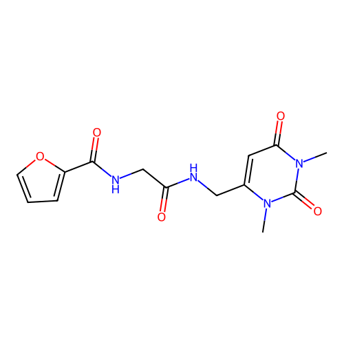 N-(2-(((1,3-dimethyl-2,6-dioxo-1,2,3,6-tetrahydropyrimidin-4-yl)methyl)amino)-2-oxoethyl)furan-2-carboxamide structure