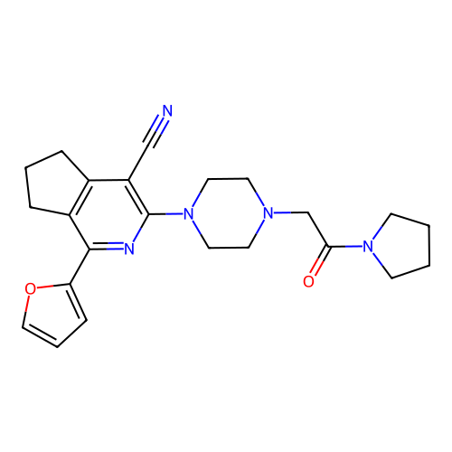 1-(furan-2-yl)-3-(4-(2-oxo-2-(pyrrolidin-1-yl)ethyl)piperazin-1-yl)-6,7-dihydro-5H-cyclopenta[c]pyridine-4-carbonitrile structure