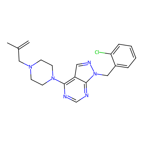 1-(2-chlorobenzyl)-4-[4-(2-methylprop-2-en-1-yl)piperazin-1-yl]-1H-pyrazolo[3,4-d]pyrimidine structure