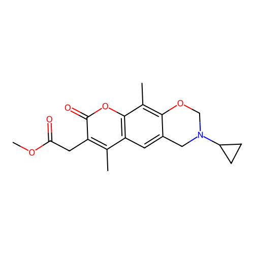 methyl 2-(3-cyclopropyl-6,10-dimethyl-8-oxo-2,3,4,8-tetrahydrochromeno[6,7-e][1,3]oxazin-7-yl)acetate structure