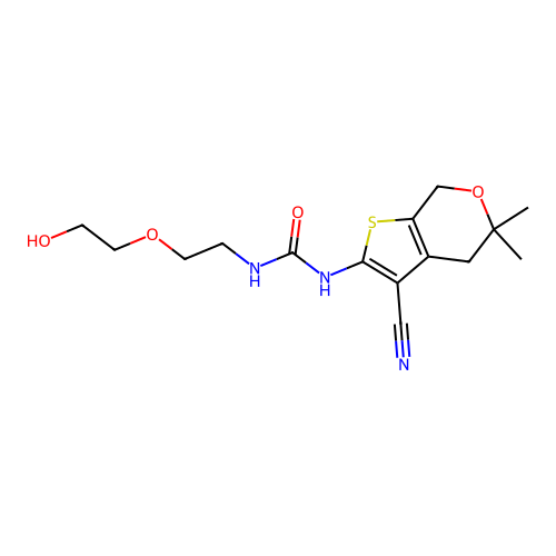 1-(3-cyano-5,5-dimethyl-4,7-dihydro-5H-thieno[2,3-c]pyran-2-yl)-3-[2-(2-hydroxyethoxy)ethyl]urea structure