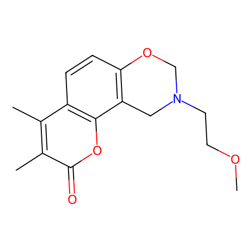 9-(2-methoxyethyl)-3,4-dimethyl-9,10-dihydrochromeno[8,7-e][1,3]oxazin-2(8H)-one structure